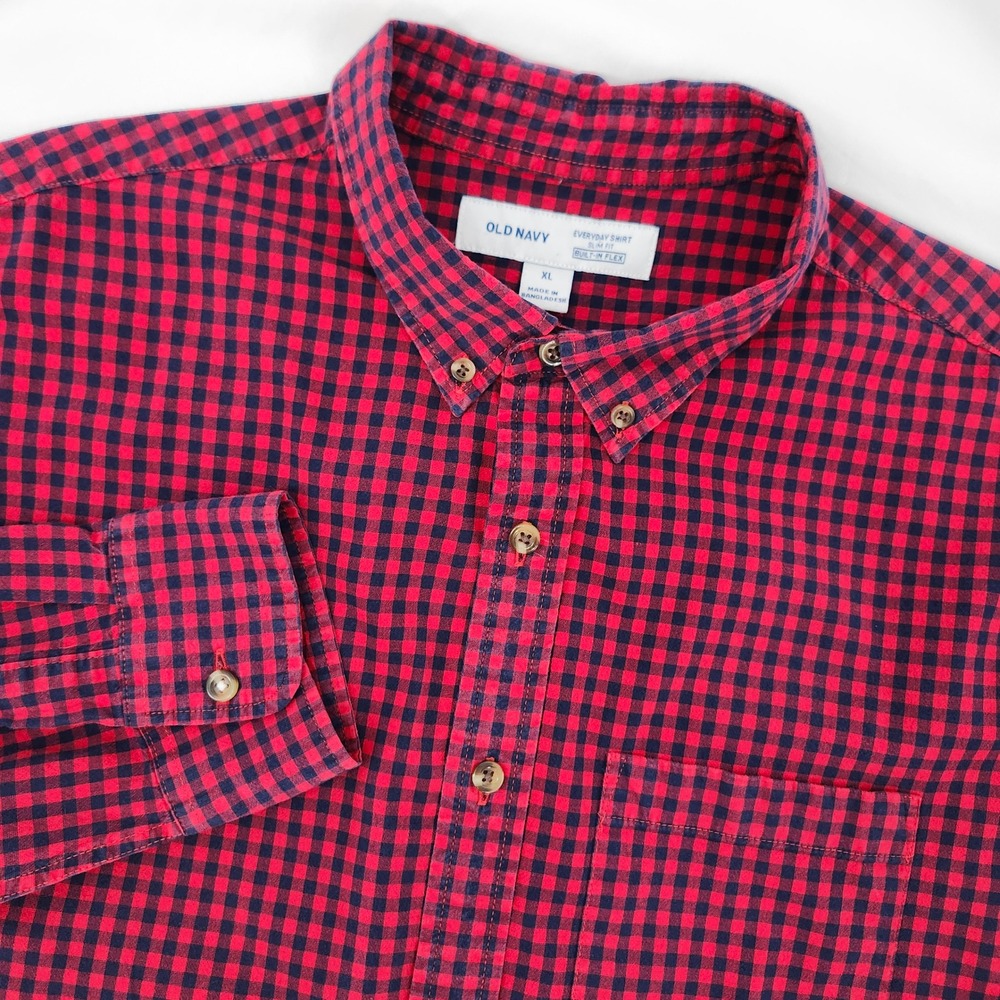 Old Navy Mens Red Navy Gingham Plaid Slim Fit Shirt XL Preppy Casual Everyday
